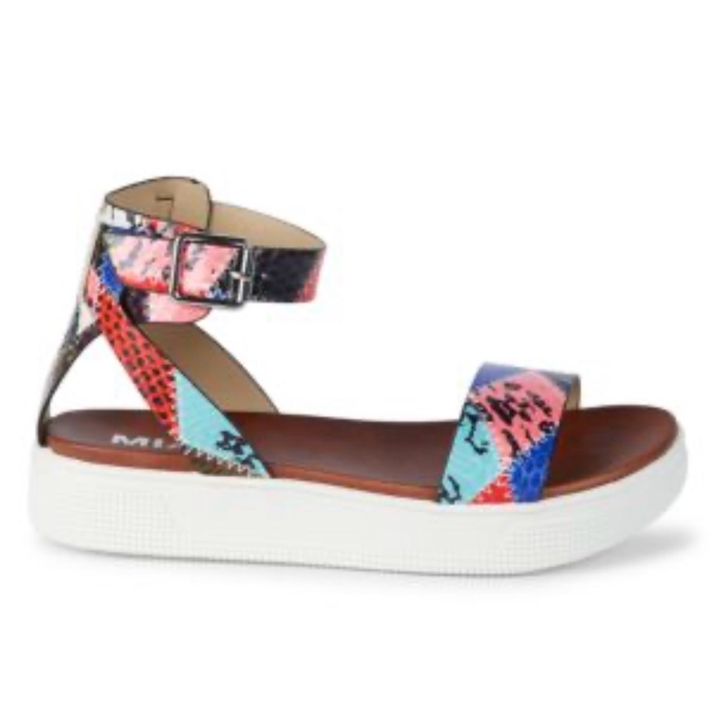 MIA Multicolor Pink Blue Snake-Print Ankle Strap Sandals